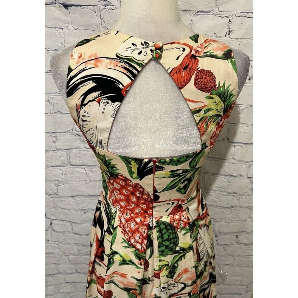 Eva Franco Mandy Dress Sz. 4 Pineapple Halter Cut Out Pleated Sleeveless Lined